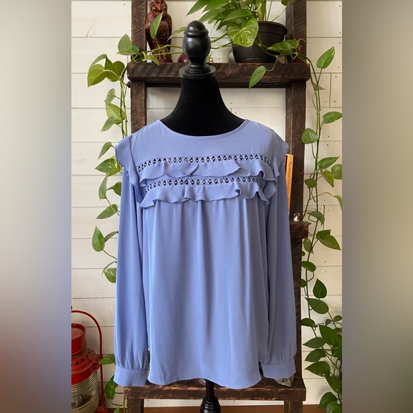 Loft: Blue Blouse with Ruffle Trim and  Embroidered Cutout - Picture 7 of 17